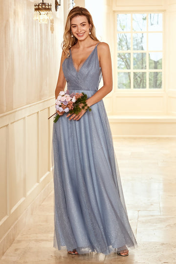 Um fio de espaguete tiras cinza azul longo vestido dama de honra